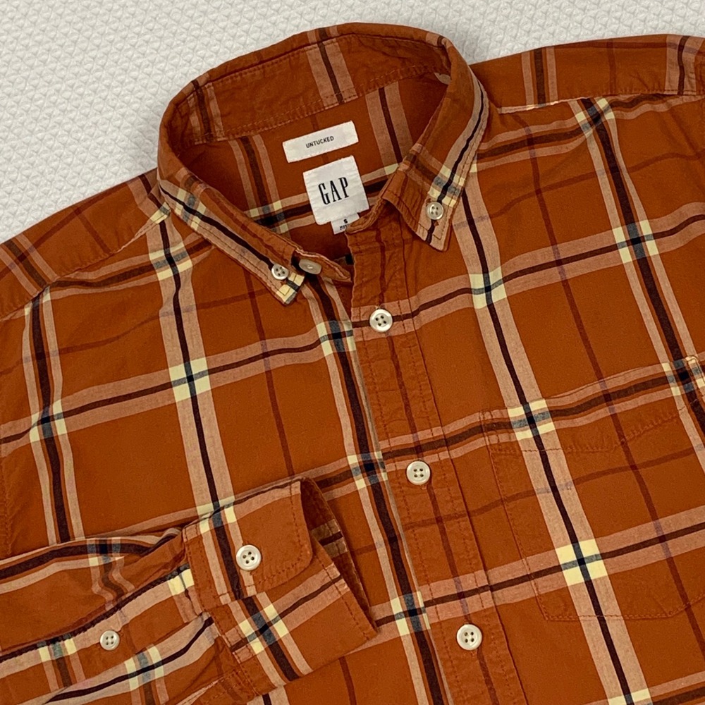 Gap Untucked Shirt Mens S Rust Cream Plaid Button Down Woven Fall